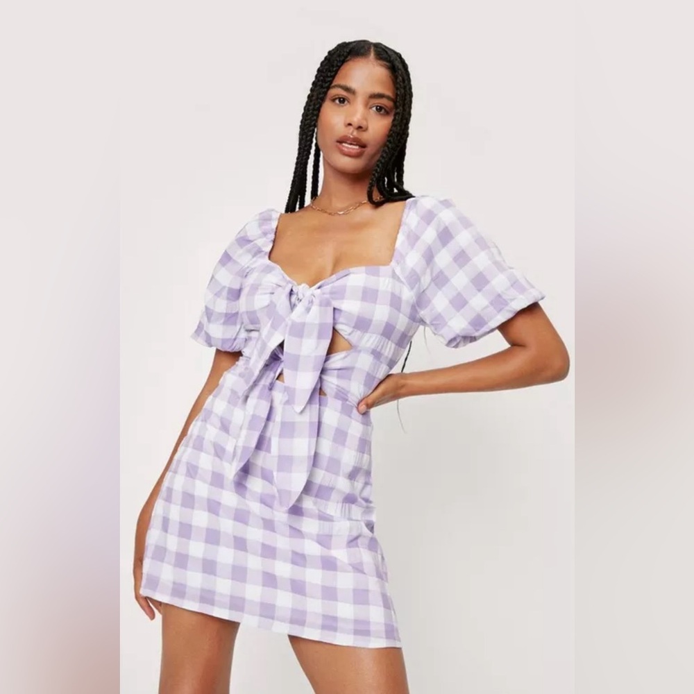 NASTY GAL Gingham Tie Front Cut Out Mini Dress